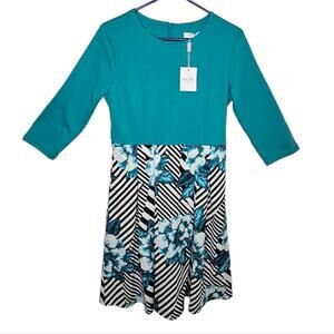 Haute Edition Floral and Striped Midi Dress with Pockets & Hidden Zipper Medium